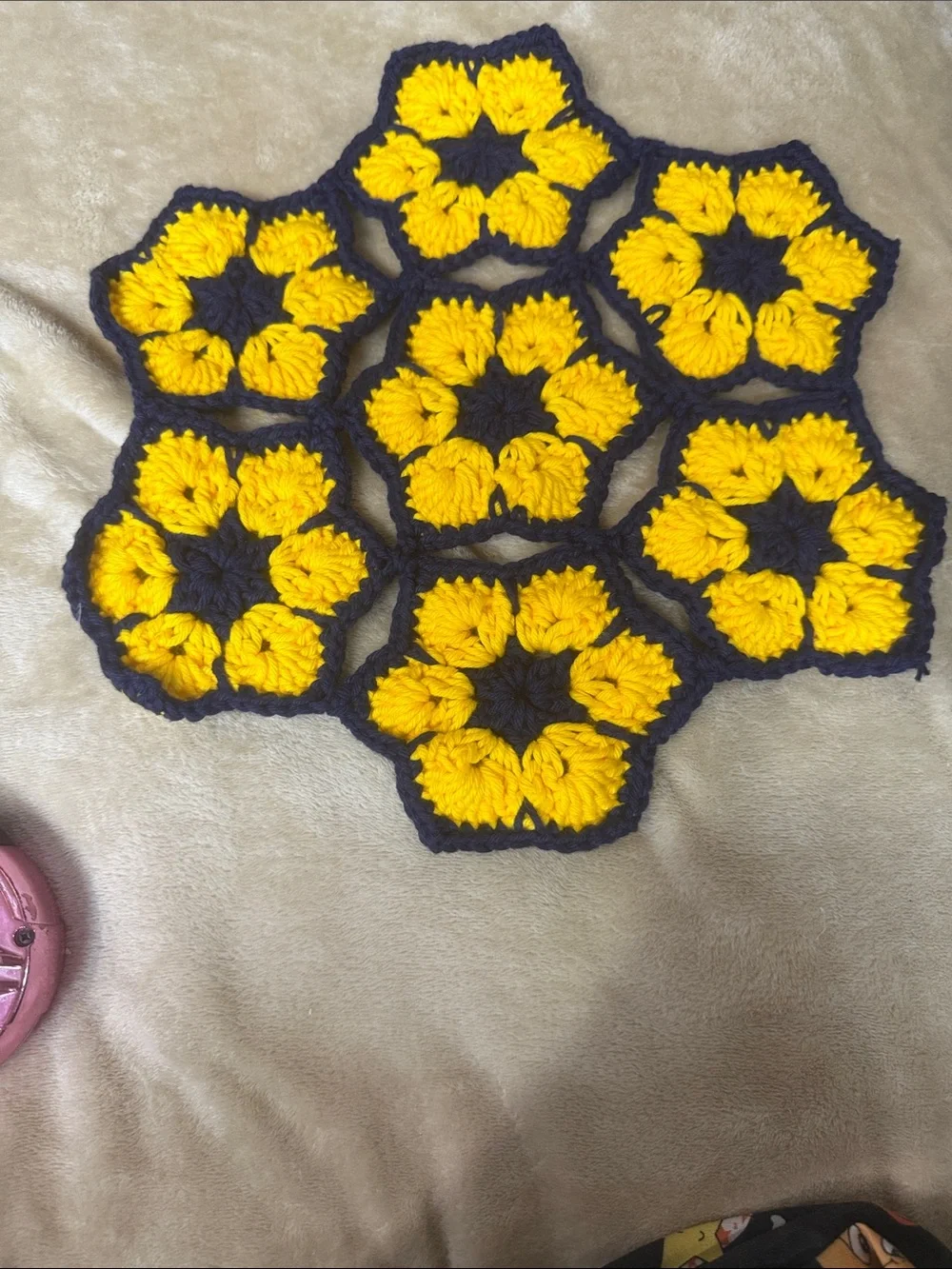 Handmade Crochet Flower Coasters - Yellow and Navy 13” (1)